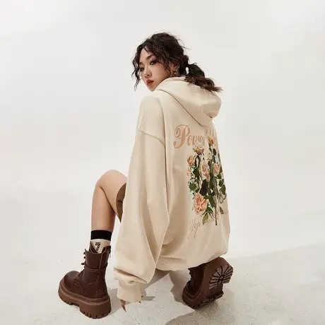 YEP复古印花连帽卫衣美式女2024年新款春装情侣宽松oversize外套商品大图