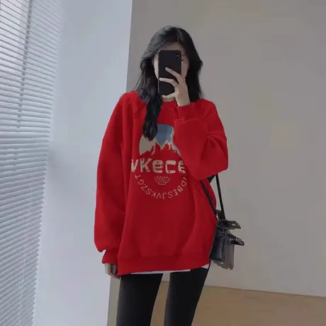 韩系潮流风红色圆领卫衣女2024新款宽松通勤显瘦加绒加厚百搭上衣图片