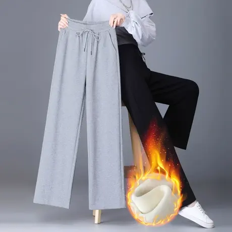 灰色运动裤女冬季裤子加绒加厚宽松阔腿裤春秋大码休闲直筒裤卫裤商品大图