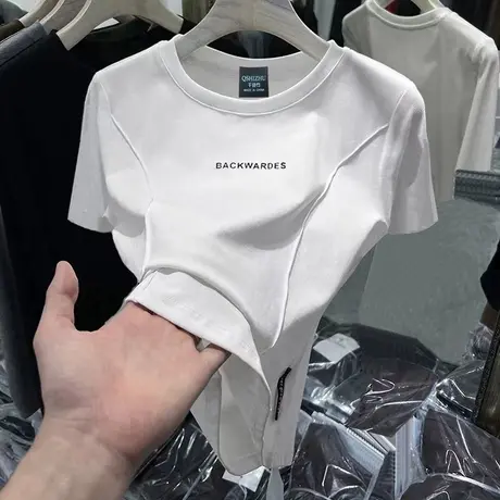 短袖t恤女2024夏季新款小个子字母印花上衣鱼骨线设计感小众体恤商品大图