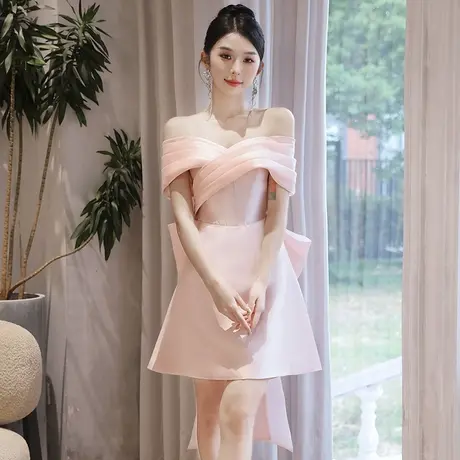 宴会小晚礼服女轻奢粉色聚会生日高级感一字肩派对新娘晨袍敬酒服商品大图