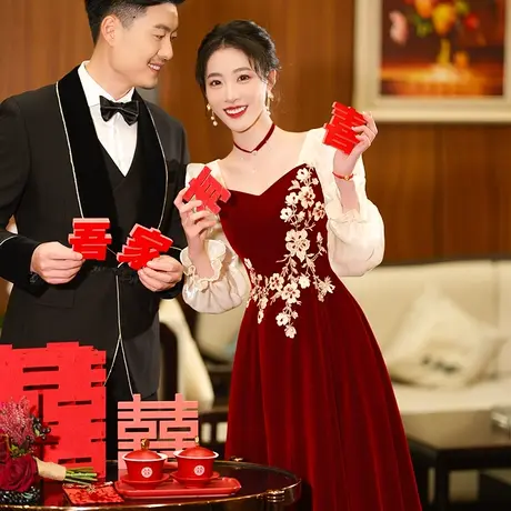 敬酒服2023新款新娘高级感刺绣订婚礼服女夏季纱袖红色连衣裙高端商品大图