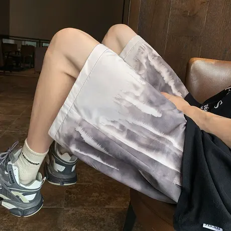 水墨复古做旧冰丝休闲短裤男夏季薄款沙滩宽松五分居家潮牌大裤衩商品大图