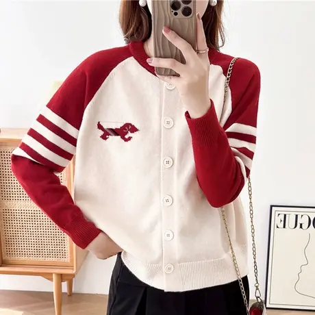 春装2024本命年红色拼色针织开衫毛衣女2023新款秋冬加厚外套春秋图片