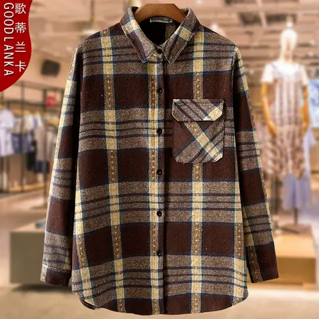 加肥加大码中年胖妈妈春装格子上衣宽松时尚中长款长袖衬衫200斤商品大图