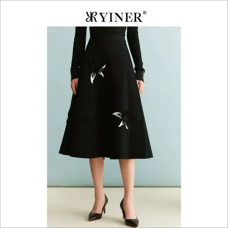 YINER音儿冬季女装羊毛A字裙气质小黑裙立体蝴蝶刺绣半身裙商品大图