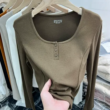 欧货纽扣方领螺纹长袖T恤女2024春装新款洋气显瘦内搭打底衫上衣图片