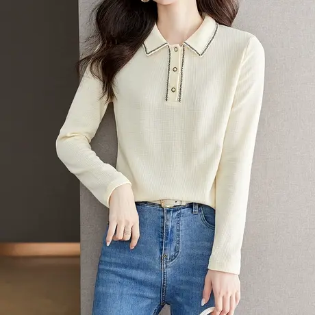 韩潮袭人时尚休闲POLO领长袖T桖小香风显瘦气质百搭上衣图片
