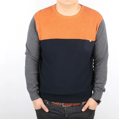 秋冬彩拼色新款韩版特大号男装毛衣加肥加大码圆领男士线衣商品大图