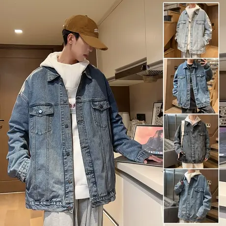 复古牛仔外套男春秋款美式翻领夹克男潮牌上衣青少年港风工装褂子图片