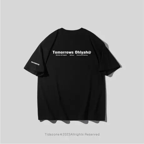 Ohlyah字母标语印花重磅纯棉无性别短袖男女圆领简约宽松休闲T恤图片