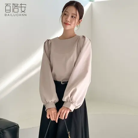 百洛安设计感圆领套头衬衫女2024春装新款泡泡袖衬衣宽松百搭上衣图片