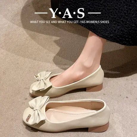 蝴蝶结单鞋女2024年春季新款时尚百搭仙女风浅口方头低粗跟奶奶鞋图片