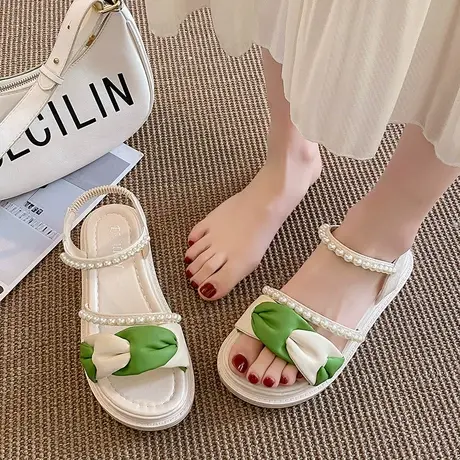 软底凉鞋女款2024年夏季新款时尚厚底仙女风罗马鞋子珍珠外穿时装图片