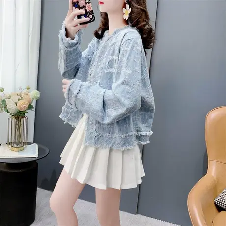 小香风流苏毛边牛仔外套女春季2024年新款百搭小个子气质长袖上衣图片