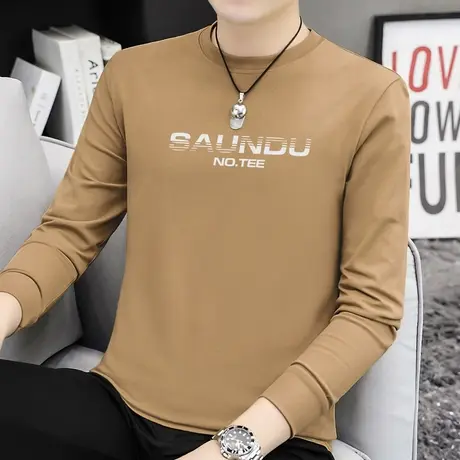 240G重磅长袖t恤男纯棉秋季小衫字母印花内搭打底衫宽松全棉体恤商品大图