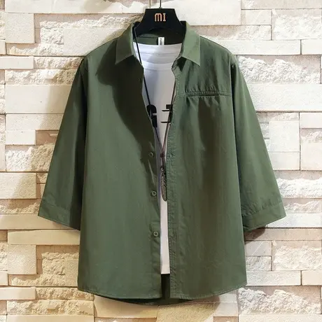 七分袖衬衫男夏季潮牌宽松休闲短袖衬衣外套男士潮流痞帅纯棉寸衫商品大图