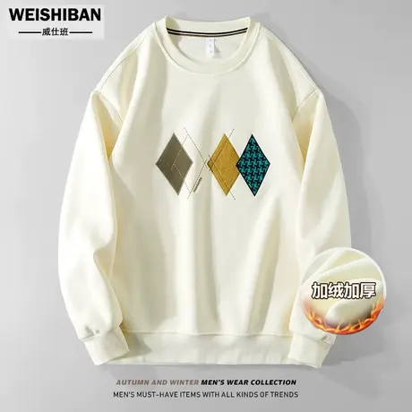 潮流500g重磅圆领卫衣男士冬季加绒加厚款银狐绒无帽保暖套头上衣商品大图