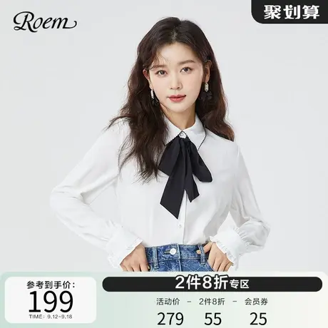 Roem翻领纯色商场同款新品百搭青春学院风领结设计感中性潮衬衫图片
