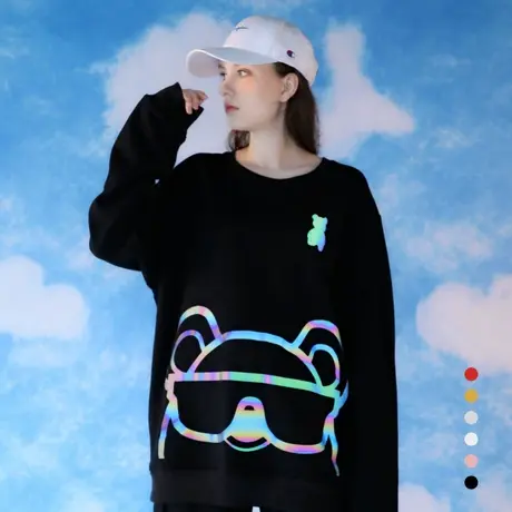 韩版初秋上衣情侣装卫衣小熊反光炸街男女圆领纯棉工作衫班服定制商品大图