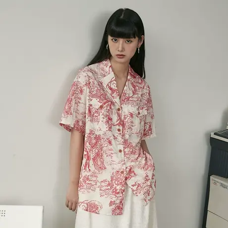 omont蛋挞家 复古动物纹印花古巴领短袖衬衫女夏薄款港风别致上衣商品大图