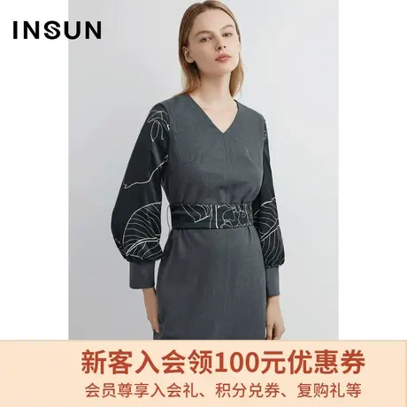 恩裳商场同款春季潮流拼接印花灯笼袖时尚简约优雅连衣裙图片