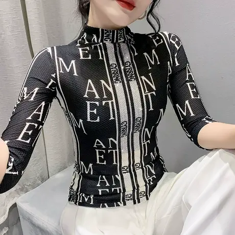 五分袖t恤女春秋2023新款潮T半高领修身小衫烫钻网纱洋气印花上衣商品大图