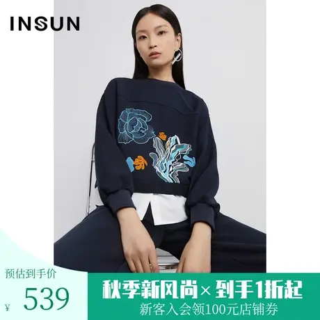 恩裳2023年早春新品藏蓝色时尚撞色刺绣卫衣休闲洋气上衣图片