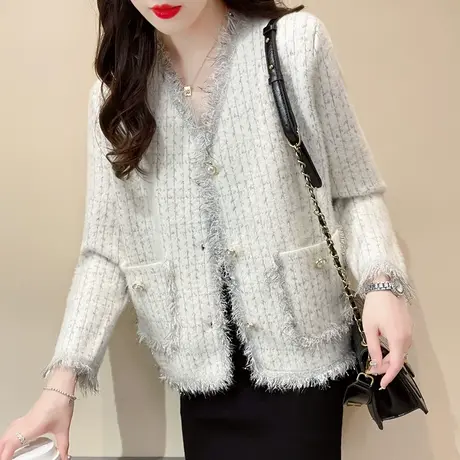 秋季新款2023网红小香风女士上衣针织开衫宽松短外套水貂绒爆款商品大图