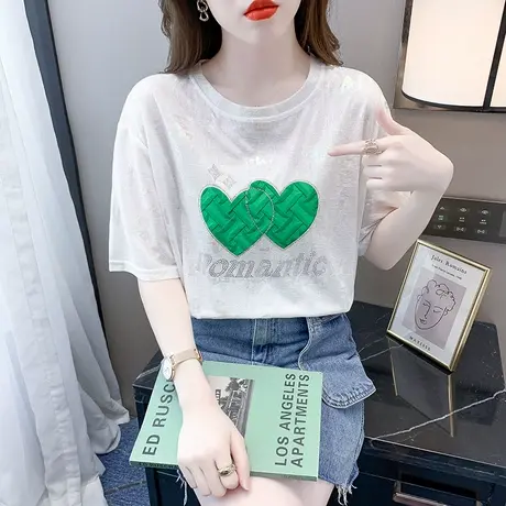 夏季薄款短袖t恤女装2023新款纯棉上衣小衫欧货烫钻女士体恤ins潮商品大图