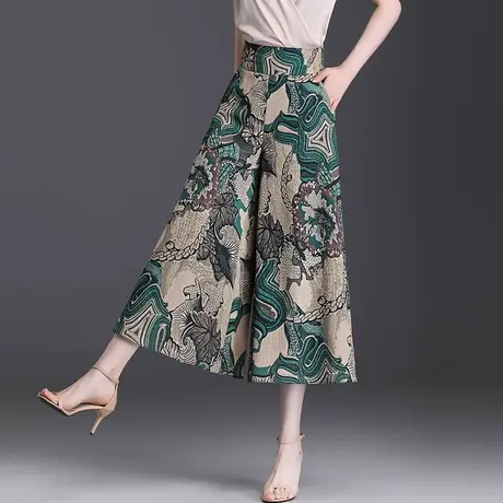 中老年宽松印花裙裤休闲裤2023夏季新款高腰大码阔腿裤九分裤甩裤商品大图