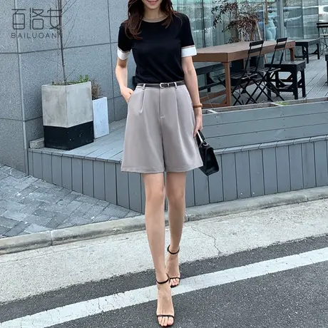 百洛安纯色西装裤女五分裤夏季新款韩版宽松显瘦OL直筒裤子女中裤图片