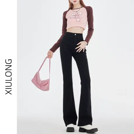 黑色高腰微喇牛仔裤女春秋季2023年新款显瘦修身美式喇叭裤子春秋商品大图