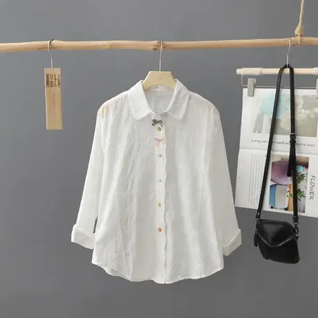 文艺小清新宽松短款长袖刺绣白衬衫女秋季新款2023年衬衣女装上衣图片