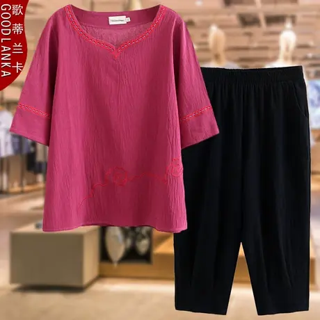 大码女装夏季洋气两件套宽松中年妈妈时尚纯棉T恤七分裤休闲套装商品大图