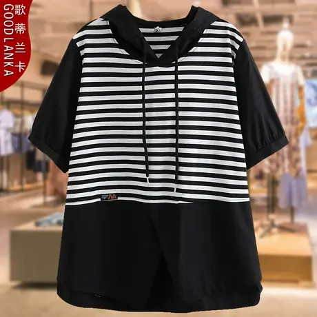 加肥加大码中年妈妈夏装上衣宽松时尚减龄条纹拼接短袖连帽T恤女商品大图