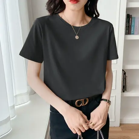 夏装短袖t恤女士圆领宽松上衣2022年新款纯棉打底衫高级灰色体恤商品大图