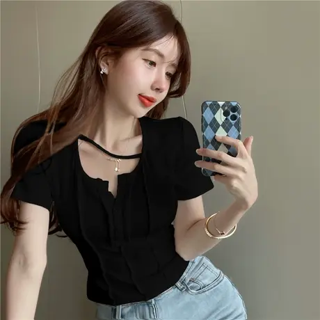 小众辣妹风U领修身短袖t恤女夏季纯欲显瘦设计感别致短款正肩上衣图片