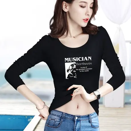 黑色打底衫长袖圆领紧身内搭上衣低领薄款2023新款修身休闲t恤女图片