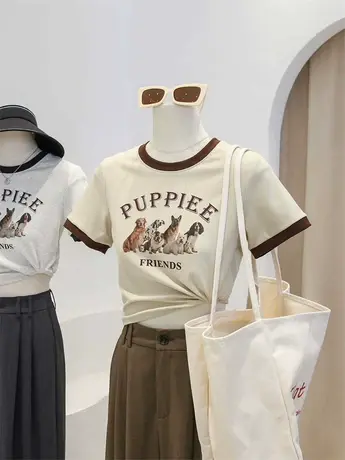 美式复古小狗印花撞色圆领短袖t恤女夏季bm辣妹修身显瘦短款上衣图片