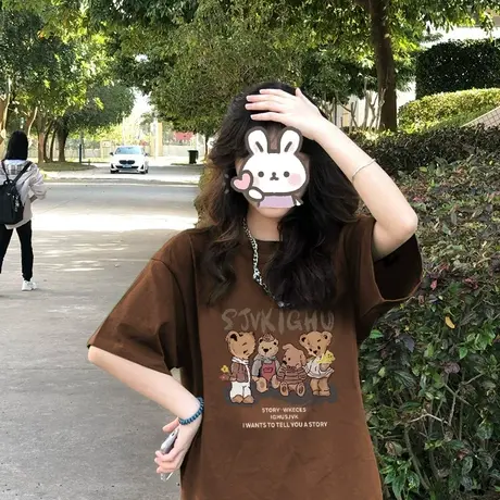 纯棉夏季短袖t恤女小个子2023新款宽松潮美式复古小众设计感上衣商品大图