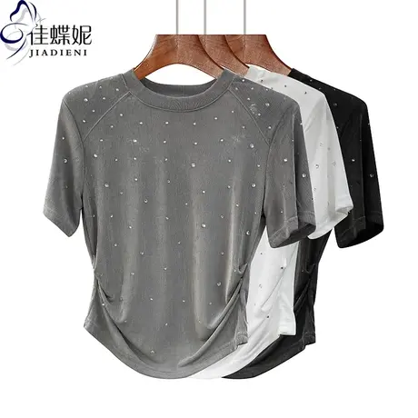夏季新款圆领宽松抽褶短款纯欲烫钻薄款网纱短袖体恤上衣女打底衫商品大图