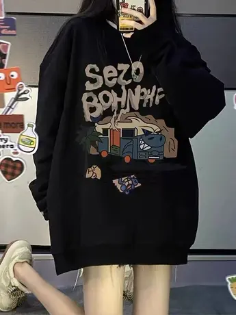 超火cec大码圆领卫衣女秋加绒甜辣vintage黑色显瘦长袖ins潮上衣图片