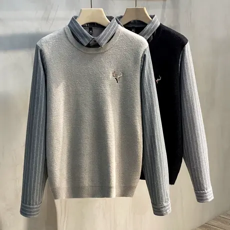 仿羊绒加厚假两件毛衣男士长袖秋冬款刺绣衬衫领潮流韩版针织衫男商品大图