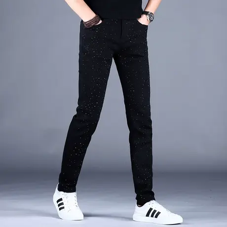 男士秋季男款烫钻黑色牛仔裤男修身小脚2023新款高端潮牌休闲裤子商品大图