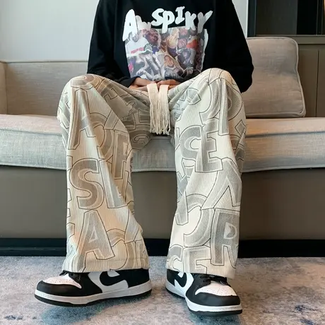 日系ulzzang满印灯芯绒裤子男直筒坠感休闲长裤高街ins潮牌阔腿裤商品大图