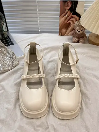 小皮鞋女春夏白色厚底配裙子一字法式复古粗跟英伦风高跟玛丽珍鞋商品大图