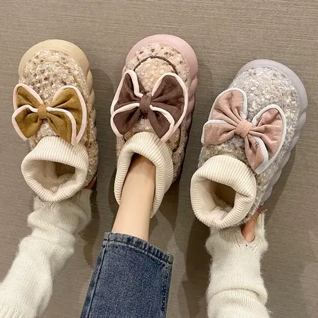 棉拖鞋女冬季蝴蝶结亮片毛绒保暖踩屎感厚底高跟高帮包跟棉鞋外穿商品大图