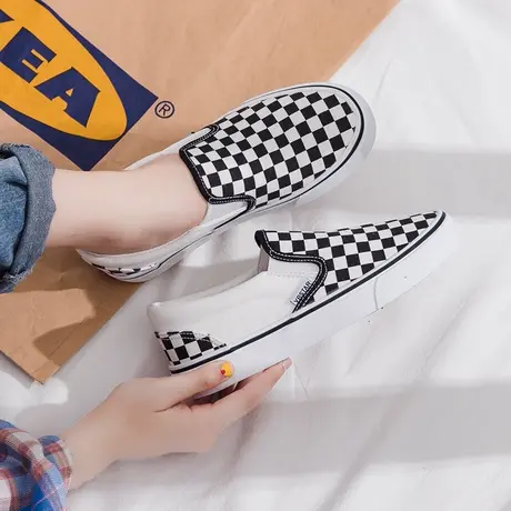 春季黑白棋盘格子一脚蹬女鞋平底韩版百搭懒人帆布鞋学生板鞋子潮图片