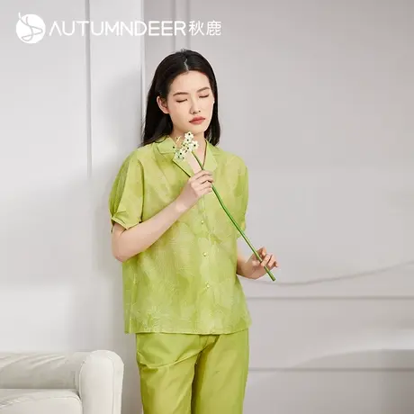 【商场同款】秋鹿短袖棉绸套装女夏七分裤桑蚕丝棉睡衣家居服2022图片